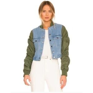 Veronica Beard Emelia Denim-Paneled Bomber Jacket Womens XS Green Blue